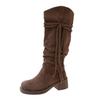 Fashion 2025 Autumn New Tassel Knight Boots Women Black Brown Thick Heeled Solid Mid-calf Boots Stacked Suede Slip On Botas Feminino