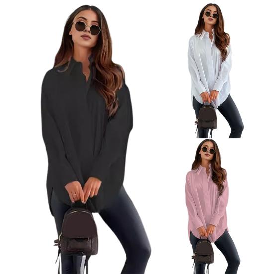 Women Casual Shirt Lapel Long Sleeve Single Breasted Shirt Tops Solid Color Loose