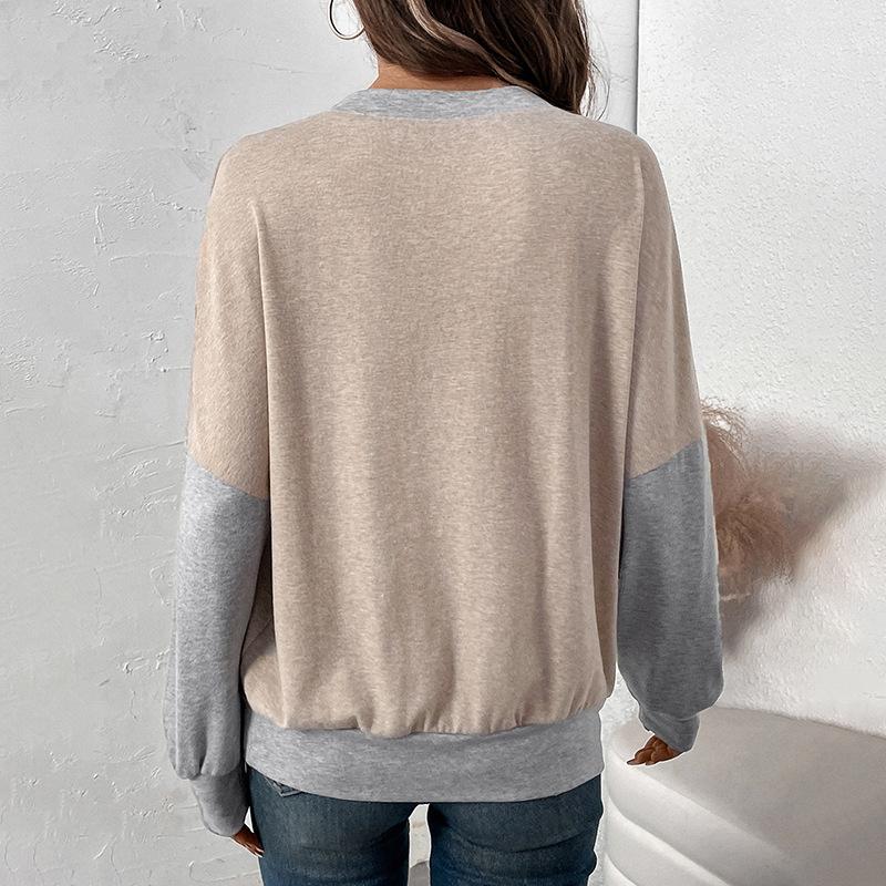 IHUASU Women's Autumn and Winter O-Neck Collision Colour Splicing Sweatshirt Casual Versatile Loose T-Shirt Top