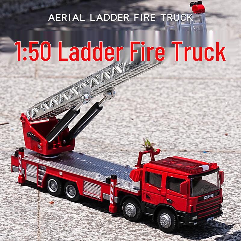 MENGDUN 1:50 Red Alloy Extendable Ladder Fire Truck Model
