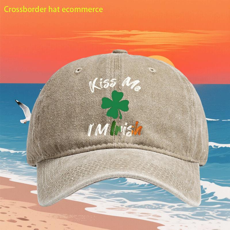 Kiss Me Im Irish Clover Washed Baseball Cap Vintage St Patricks Day Adjustable Unisex Hat