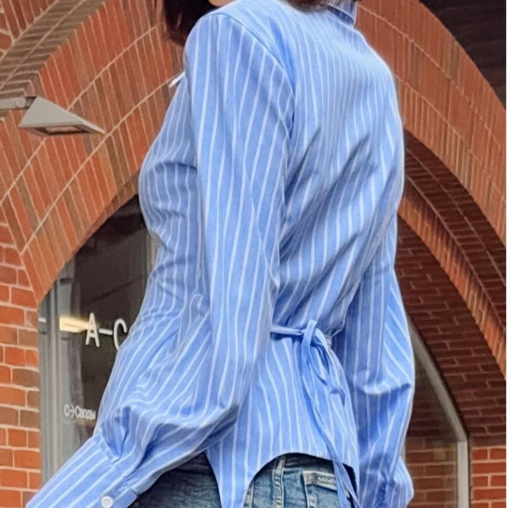 Irregular Hemline Stripe Slim Shirt Waist Cinched Long Sleeve Shirt Striped Blouse Street Wear