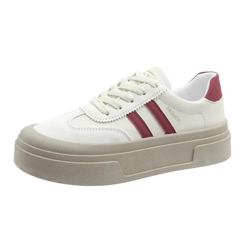 Кроссовки женские на толстой подошве из кожи со шнуровкой на плоской подошве с круглым носком для женщин, однотонные туфли из вулканизированной кожи на плоской платформе