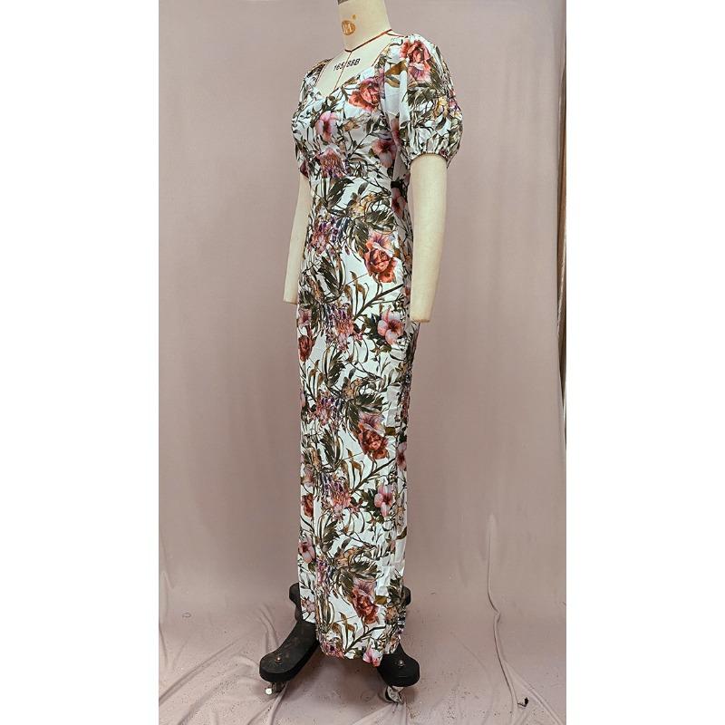 Женские летние платья с v-образным вырезом и принтом, высокой талией, большими распашными рукавами и короткими рукавами