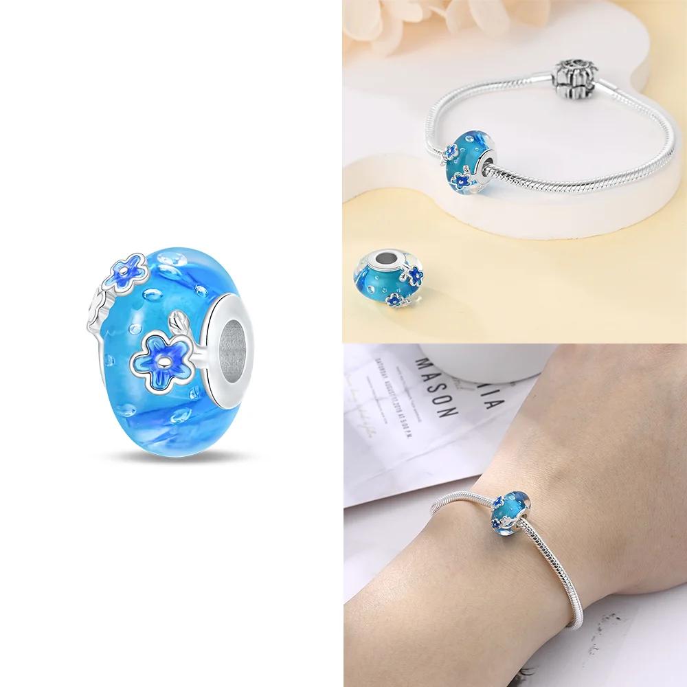 925 Silver Bracelet Women DIY Gift Murano Jewelry with Flower Blue Star Green Turtle Glass Beads