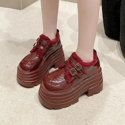 Женские кожаные кроссовки на платформе Осень Зима Теплые плюшевые с пряжкой Зимние ботинки Толстая подошва 10 см каблуки Хлопковая обувь Zapatos Mujer