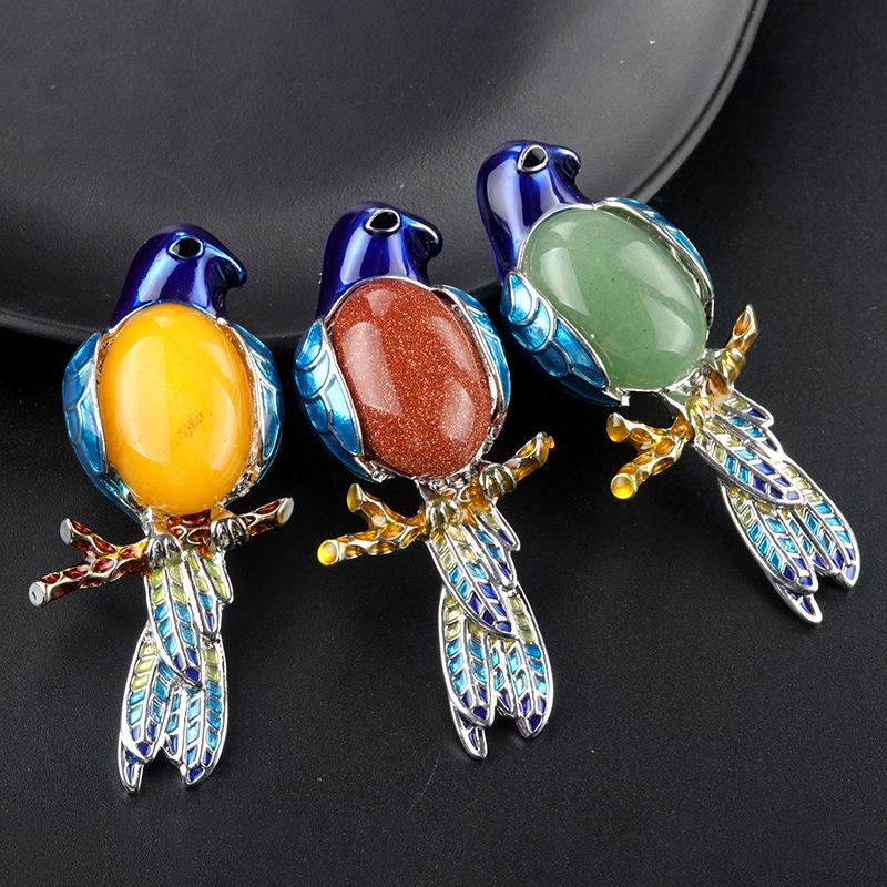 Alloy Inlaid Natural Crystal Agate Parrot Brooch Pendant, Gemstone 2-in-1 Pin & Necklace for Women