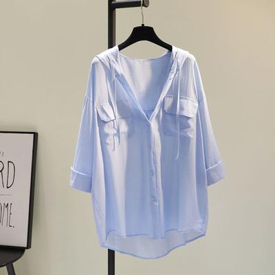Рубашки женские однотонные с капюшоном летние карманы одежда топы