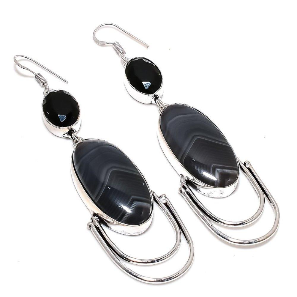 Banded Agate, Spinel Gemstone Handmade 925 Sterling Silver Earring 3.59" i9C81