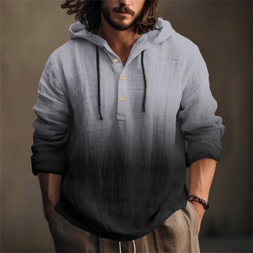 Printed Men's Cotton And Linen Shirt Hooded Long-sleeved Hooded Spring And Summer Casual Daily Wear