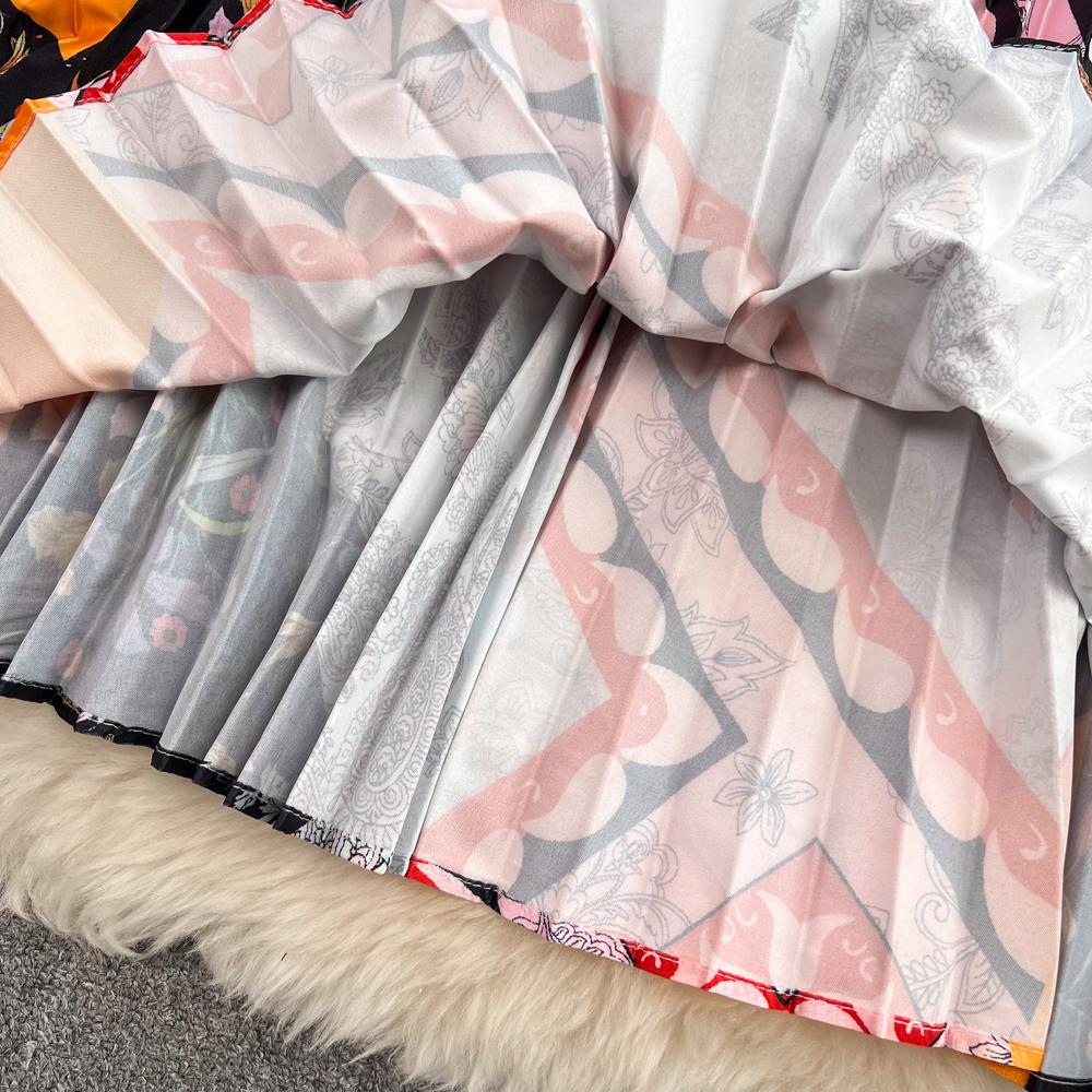 Летняя тонкая юбка средней длины выше колена с высокой талией и принтом, плиссированная юбка-трапеция с эластичной резинкой на талии, распашная юбка