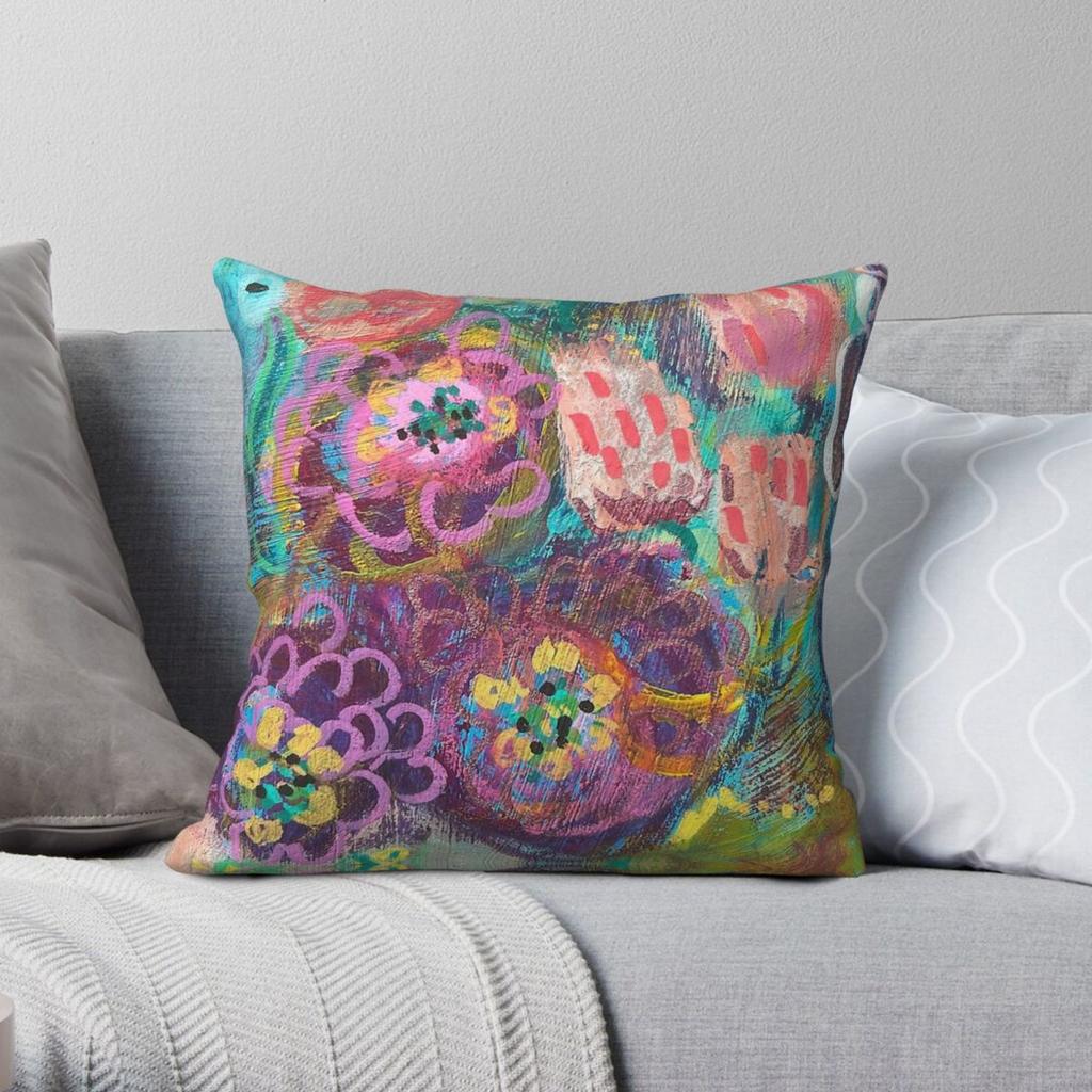Pink Spring Zinnias Pillowcase Polyester Linen Velvet Printed Zip Decor Throw Pillow Case Bed Cushion Cover 45X45
