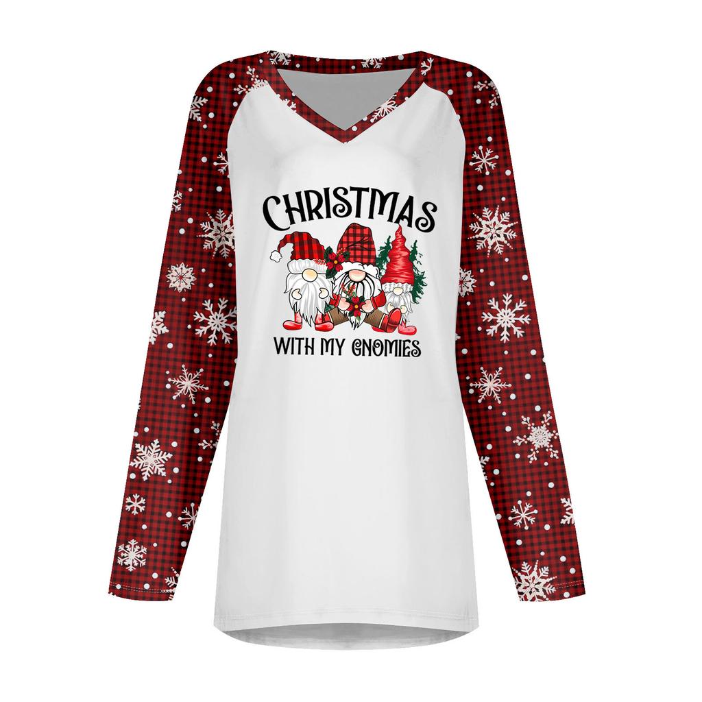 Женская и зимняя футболка с длинными рукавами и V-образным вырезом с рождественским принтом, повседневная длинная свободная футболка
