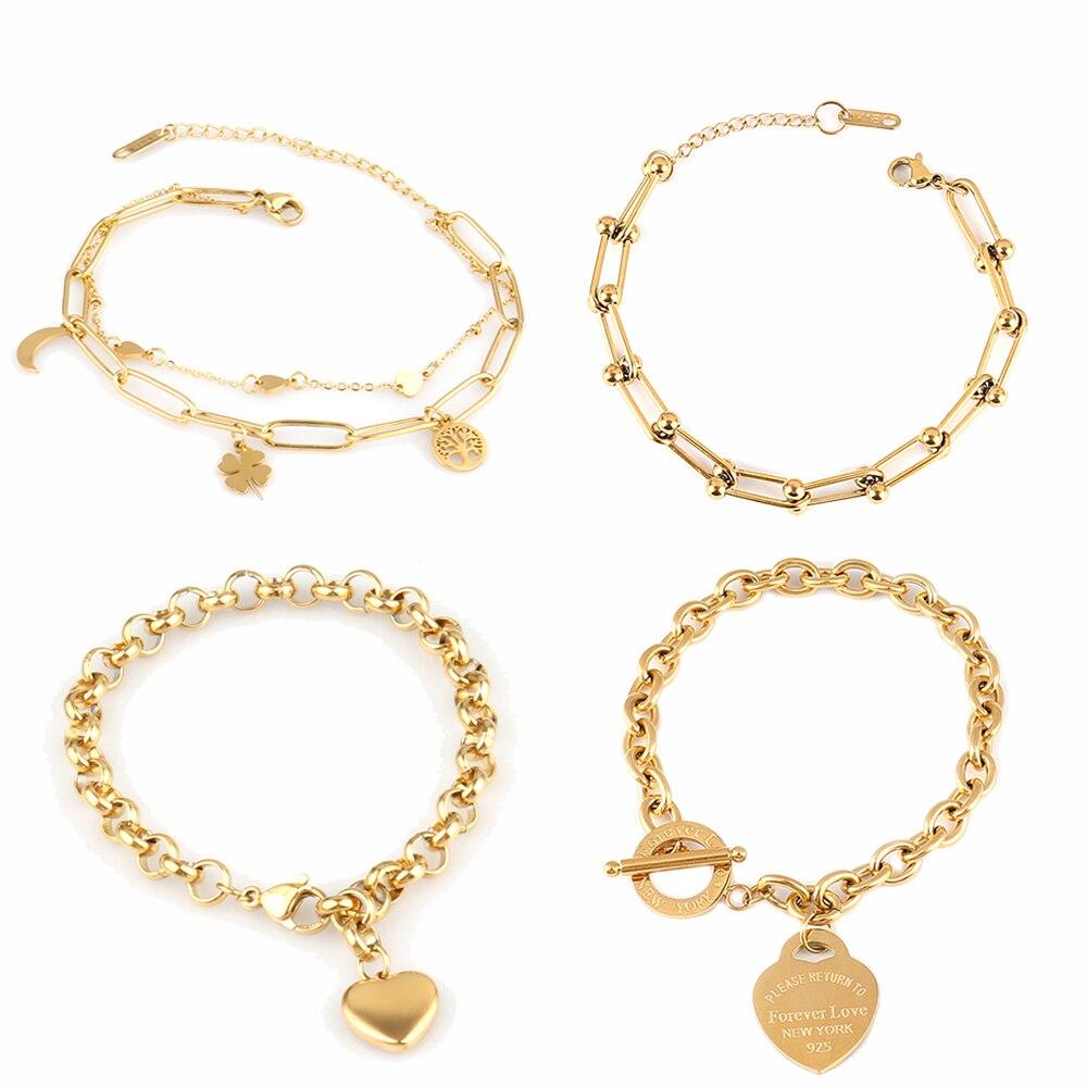 Стальной браслет для женщин, браслеты из нержавеющей стали, браслеты с подвеской в форме сердца, модные браслеты-цепочки, женские толстые браслеты, ювелирные изделия, подарок