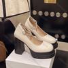 Comemore Women Pumps Chunky High Heels Shoes for Women Platform Round Head Shallow Mouth Sweet Mary Jane Single Shoes