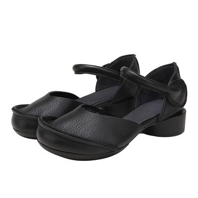 GKTINOO Туфли на высоком каблуке из натуральной кожи для женщин, с круглым носком, от люксовых дизайнеров, на толстом каблуке, на липучке, черные, повседневные женские сандалии