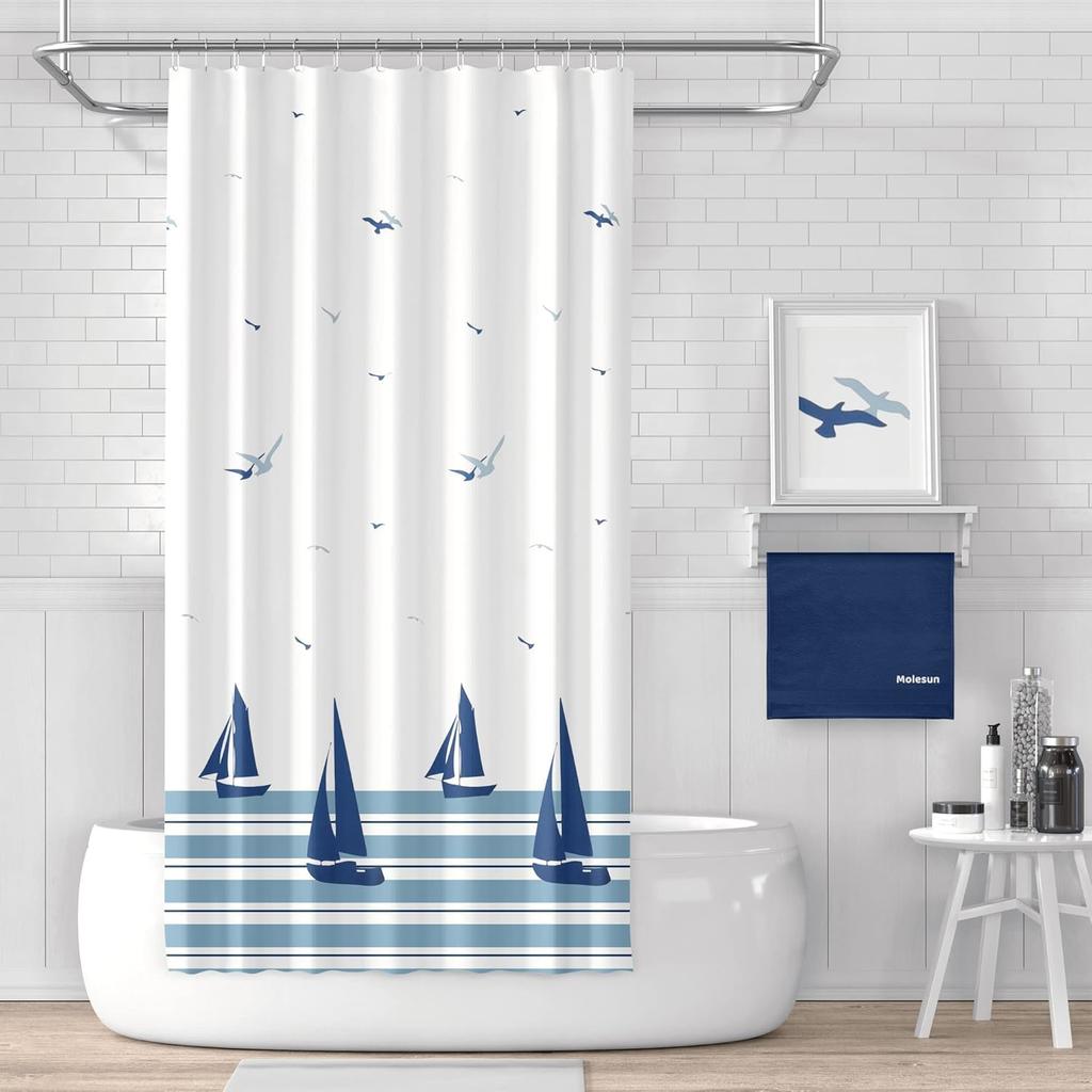 Xxuan Home 72 x 72 Тканевая шторка для душа для ванной комнаты, Водонепроницаемая шторка для душа в морском прибрежном стиле с крючками, Парусники