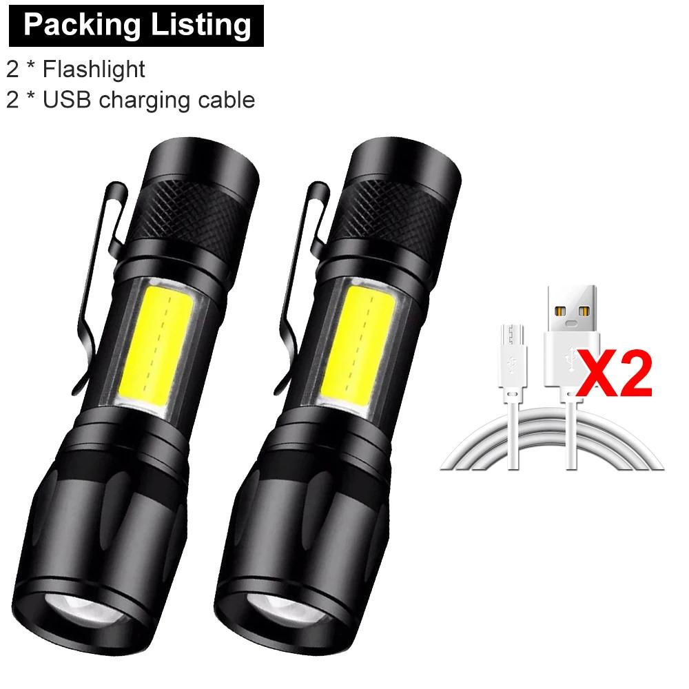 Mini LED Flashlight COB+XPE Portable Torch USB Charging Camping Lantern Zoomable Focus Light Tactical Flashlight with Pen Clip