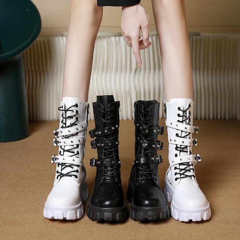 Winter Women New Thick Soled Boots Casual Versatile Trendy Shoe Fashion Belt Buckle Motorcycle Boot Comfortable Ladies Shoes