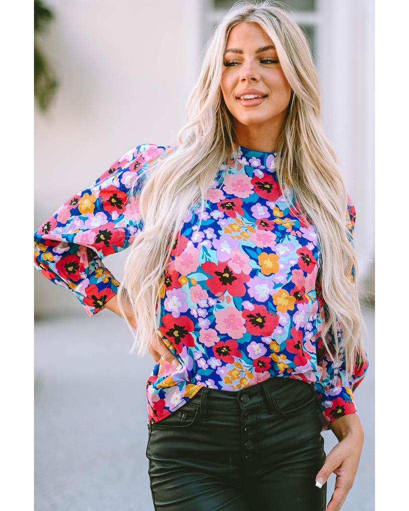 Azura Exchange Синяя блузка с воротником-стойкой и рукавами-фонариками с цветочным принтом