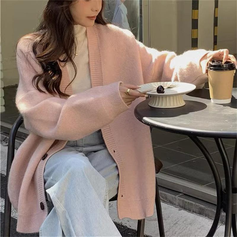 Осенне-зимний женский свитер-кардиган, куртка, свободный однотонный вязаный кардиган с ленивым ветром, простой вязаный кардиган