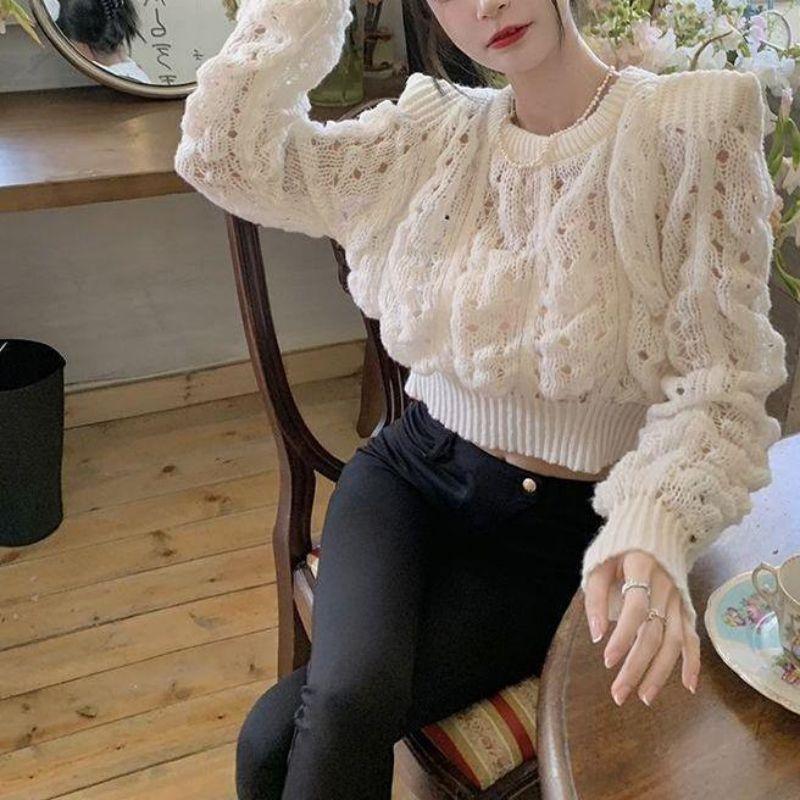French Autumn Sweater Women's Solid Color Round Neck Hollow Knit Sweater Bubble Sleeve Knit Sweater Top Casual Knit Sweater