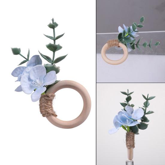 6Pcs Boho Napkin Rings Fabric Flower Faux Eucalyptus Leaf Napkin Holders Rustic Wooden Napkin Rings for Wedding Bridal Shower Dining Table Decor