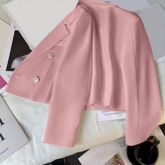 Осенний женский укороченный пиджак с длинными рукавами и лацканами, двубортный однотонный приталенный костюм, пальто, уличная одежда