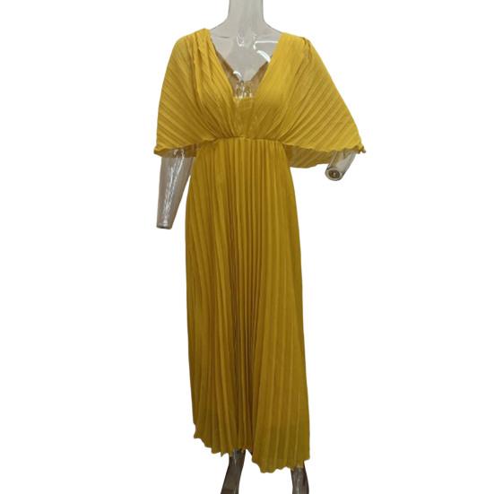 Women Evening Dress Dolman Sleeves Pleated V Neck Pure Color High Slim Waist Full Length