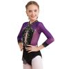Girls Sparkly Rhinestones Color Block Sheer Mesh Patchwork Skirted Bodysuit Gymnastics Leotard