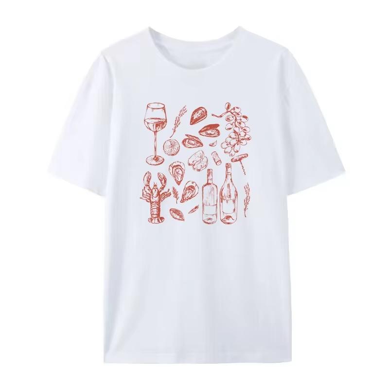 Women Retro Style Italian Seafood Print T-Shirt Vintage Aesthetic Oyster Lobster T Shirt Cute Foodie Shirt Loose Vacation Tops