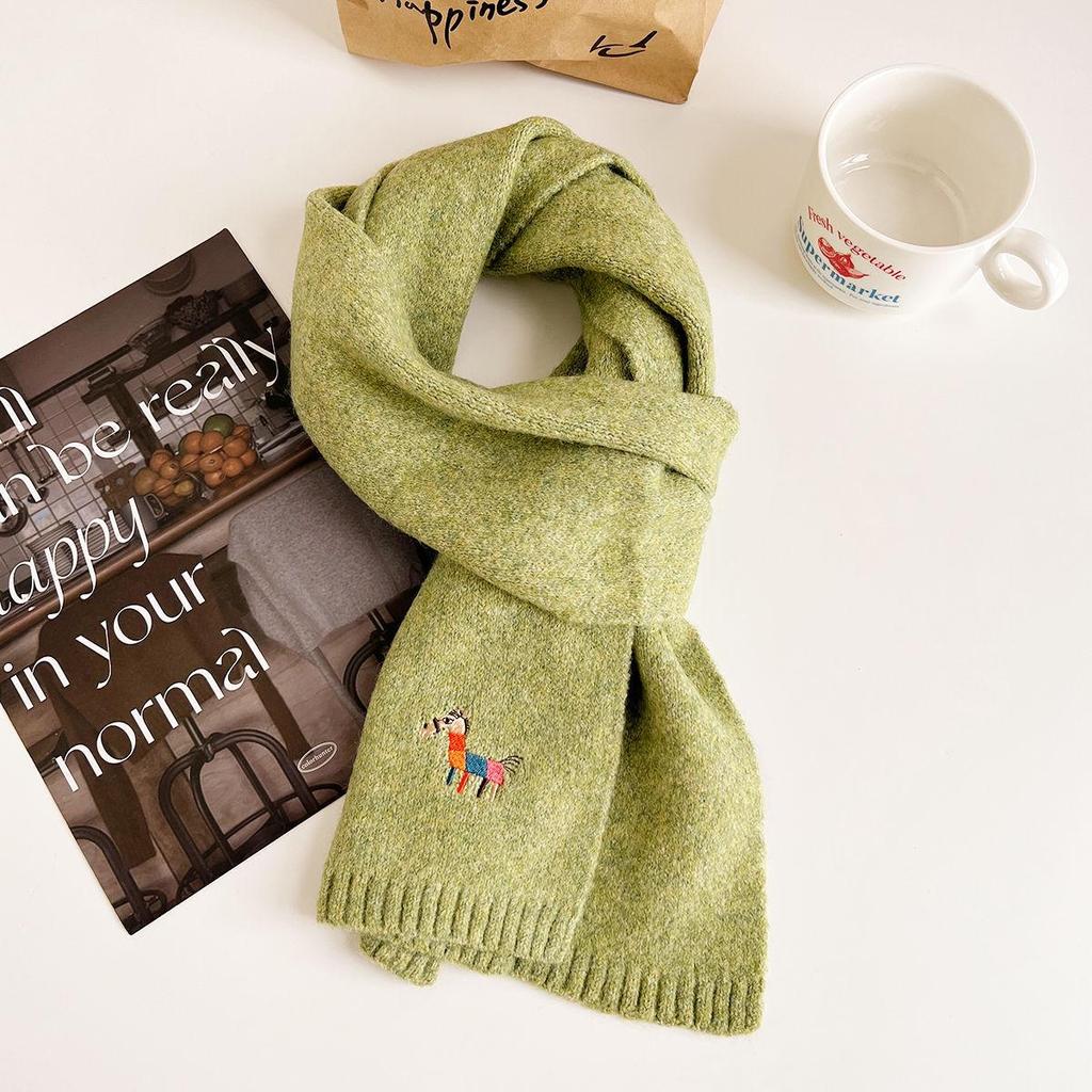 2024 Autumn/Winter Korean Knitted Wool Scarf - Women's Warm, Thick, Embroidered Design