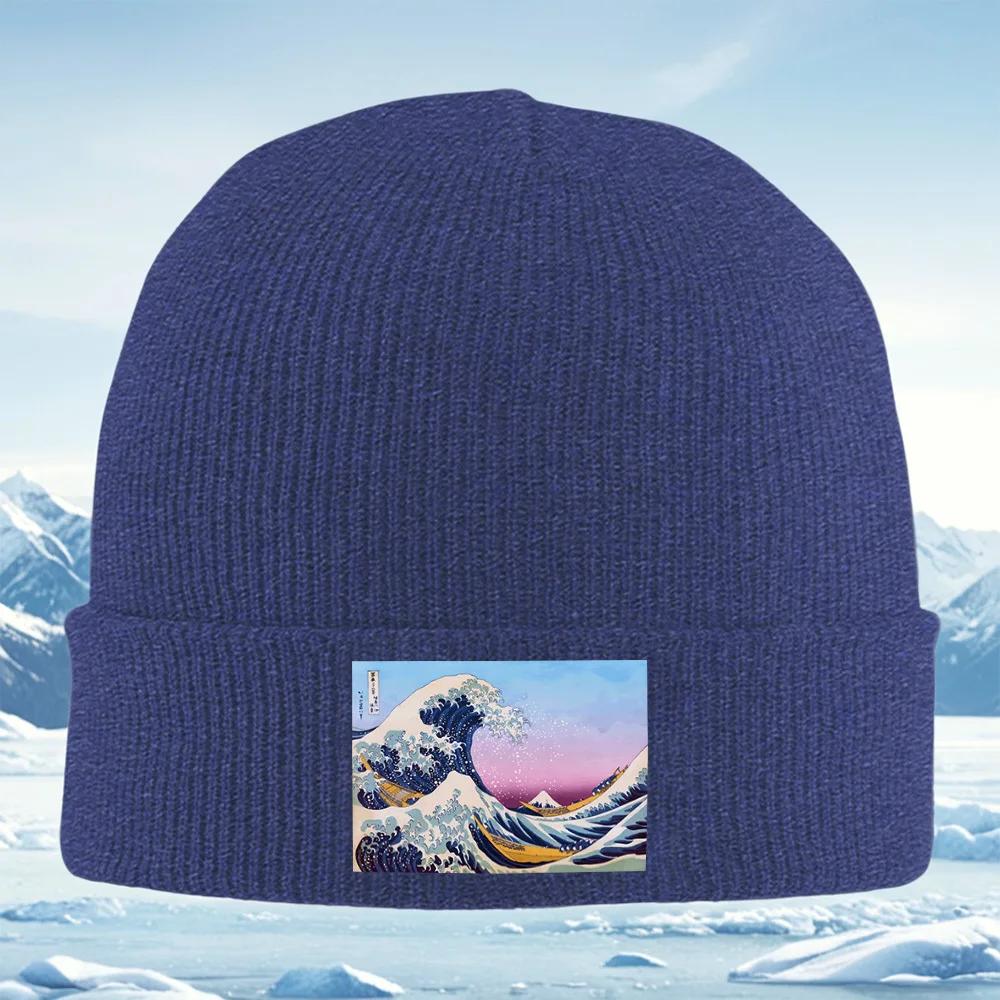 Wave Boats Mountain Sky Art Style Unisex Women Unisex Knitted Hat Beanie Pullover Cap Winter Thermal Warm Christmas Outdoor Cycling
