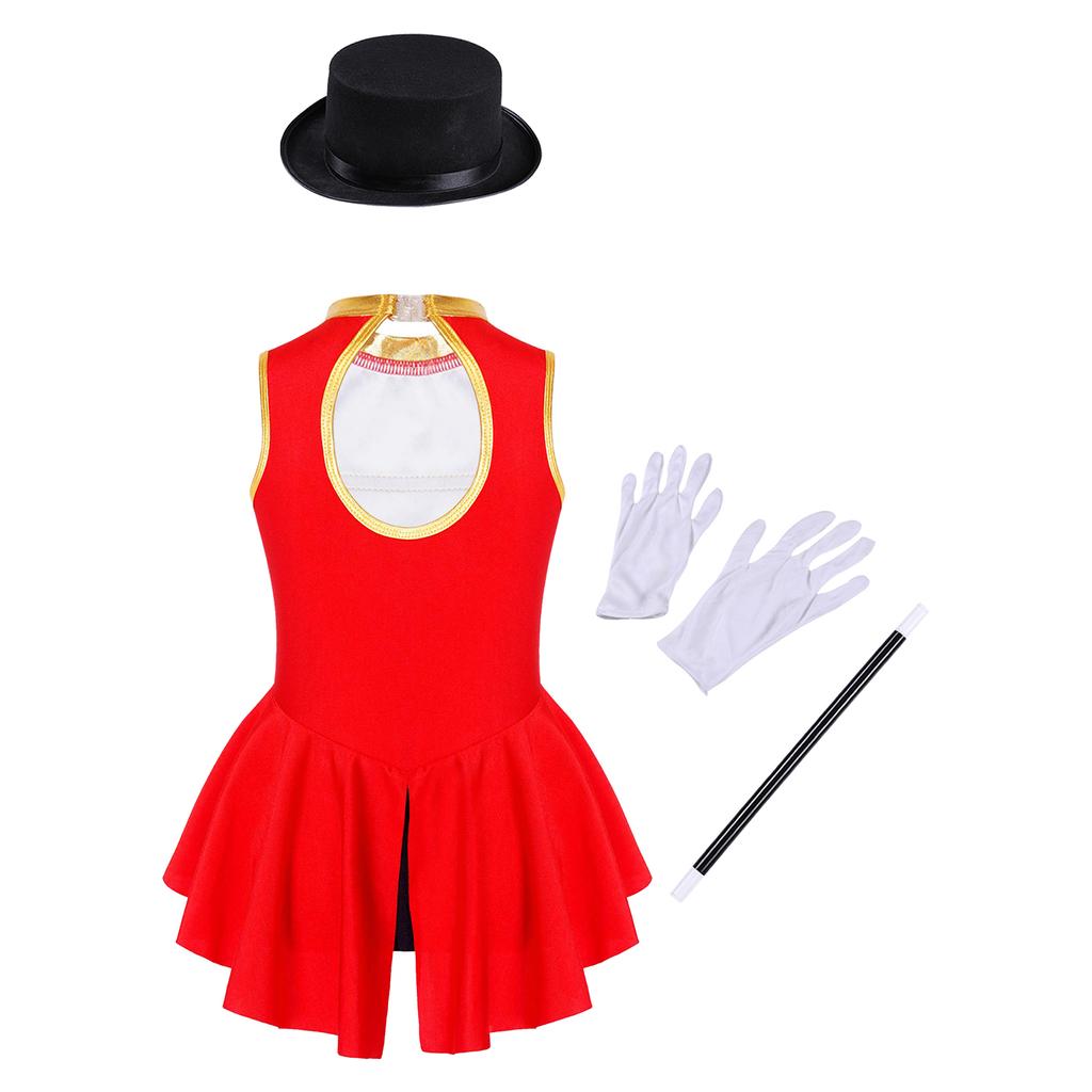 Костюм Циркового Рингмастера для Девочек Комбинезон без Рукавов с Вырезом на Спине Шляпа Волшебная Палочка Перчатки Хэллоуин Косплей Набор
