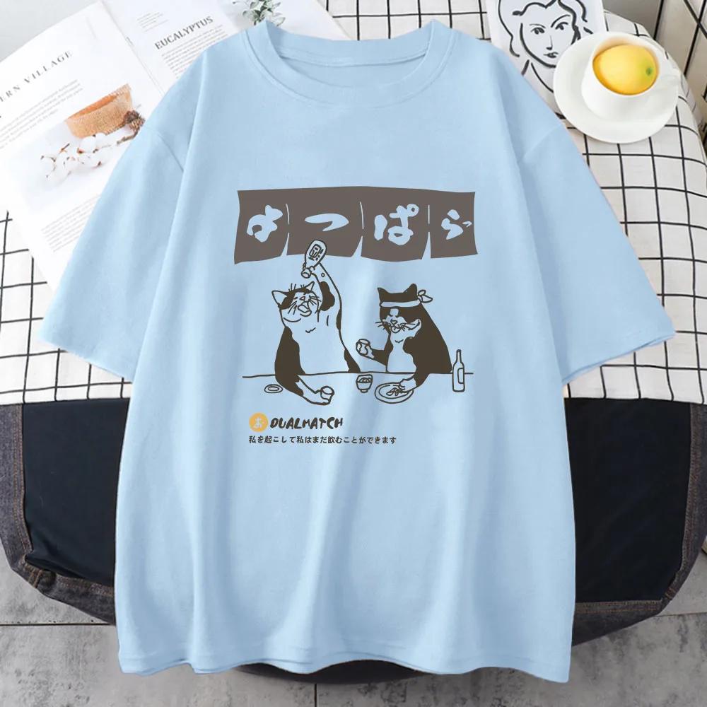 Women Tshirt Streetwear Japanese Harajuku Funny Drinking Cat T-Shirt 100% Cotton Summer Cartoon T Shirt Unisex Hip Hop Tops Tees