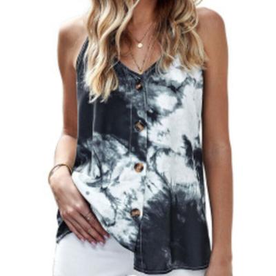 Летняя женская майка без рукавов с принтом, модная повседневная свободная майка с открытой спиной, сексуальная рубашка с V-образным вырезом, элегантная стильная блузка на пуговицах 26359