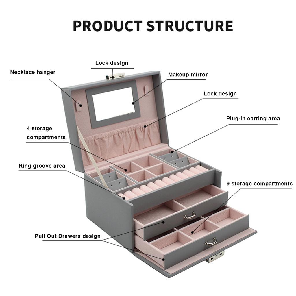 Органайзер для ювелирных изделий, 3-слойная шкатулка для драгоценностей большой емкости, серьги, ожерелье, кольца, держатель с макияжем