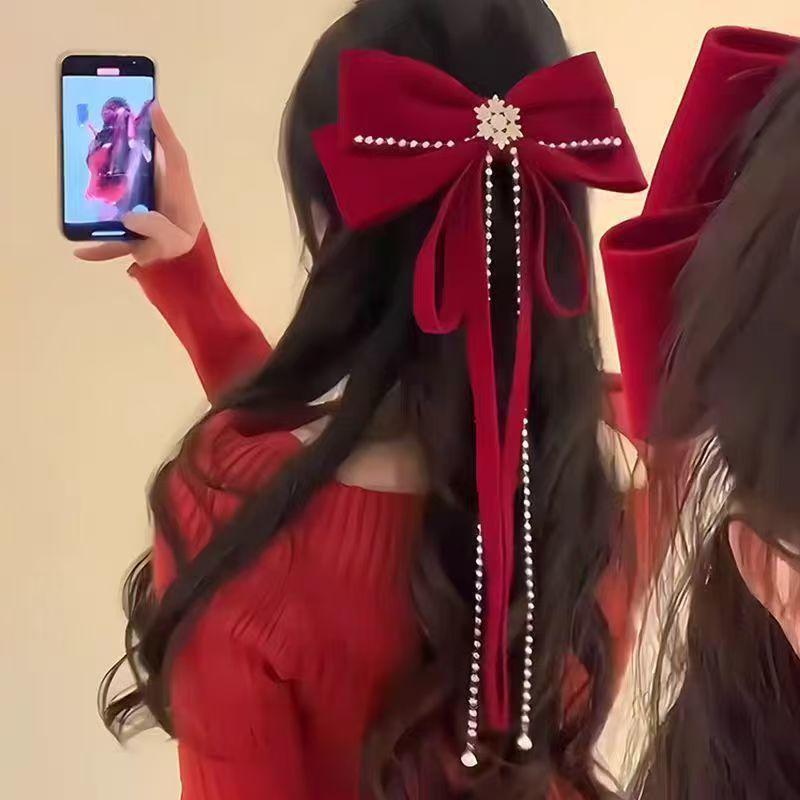 Красная бархатная заколка-бант в виде снежинки - Праздничный аксессуар для волос для женщин