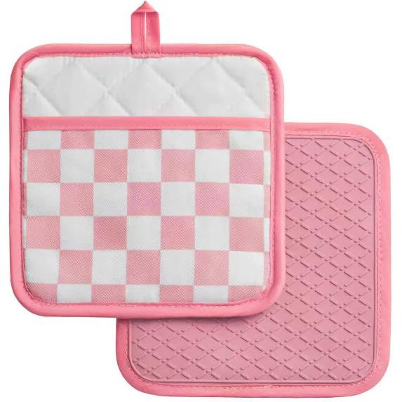 Pink Checkered Pot Holder, Checkerboard Potholders for Kitchen, Silicone Pot Holders with Pocket for Kitchen Clearance 2 Pack Set, Hot Pads and Oven