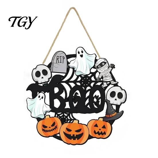 Fall Front Porch Signs Halloween Wooden Wreath Door Hanger Sign, Pumpkin Ghost Black Cat Witch Weatherproof Wall Decorations Bat Patterns, Hanging