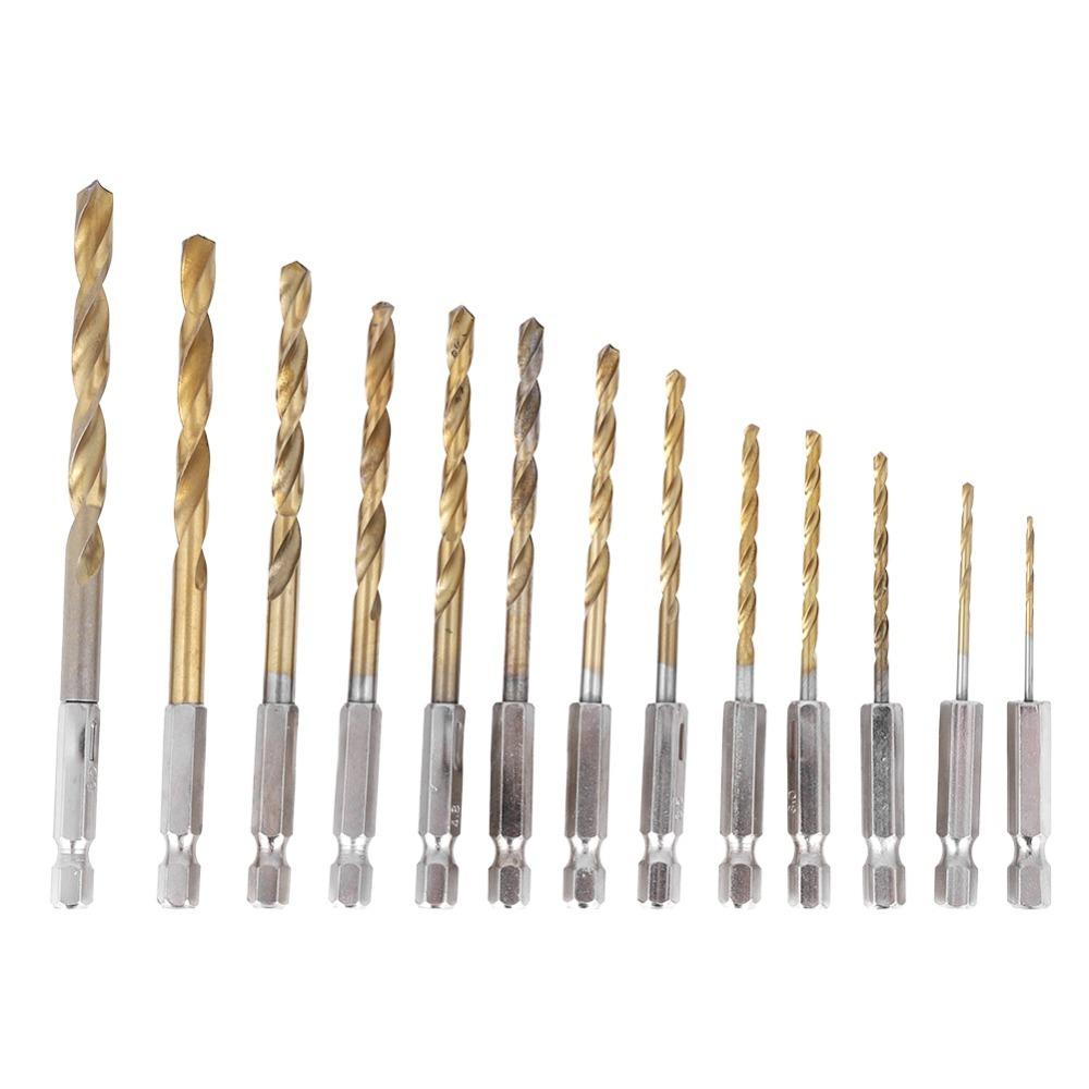13pcs Titanium Coated Drill Bit Set High Speed Steel Titanium Coated Drill Bits Wood Drilling