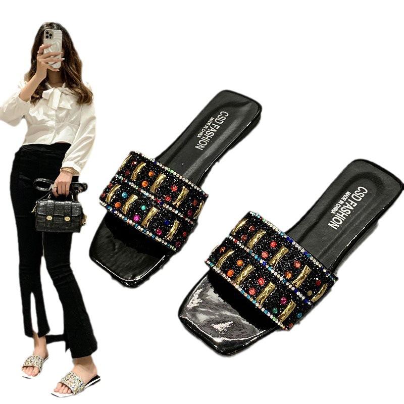 2025 лето стразы низкий каблук открытый носок большой размер верхняя одежда универсальная мода пляжные крутые шлепанцы женские