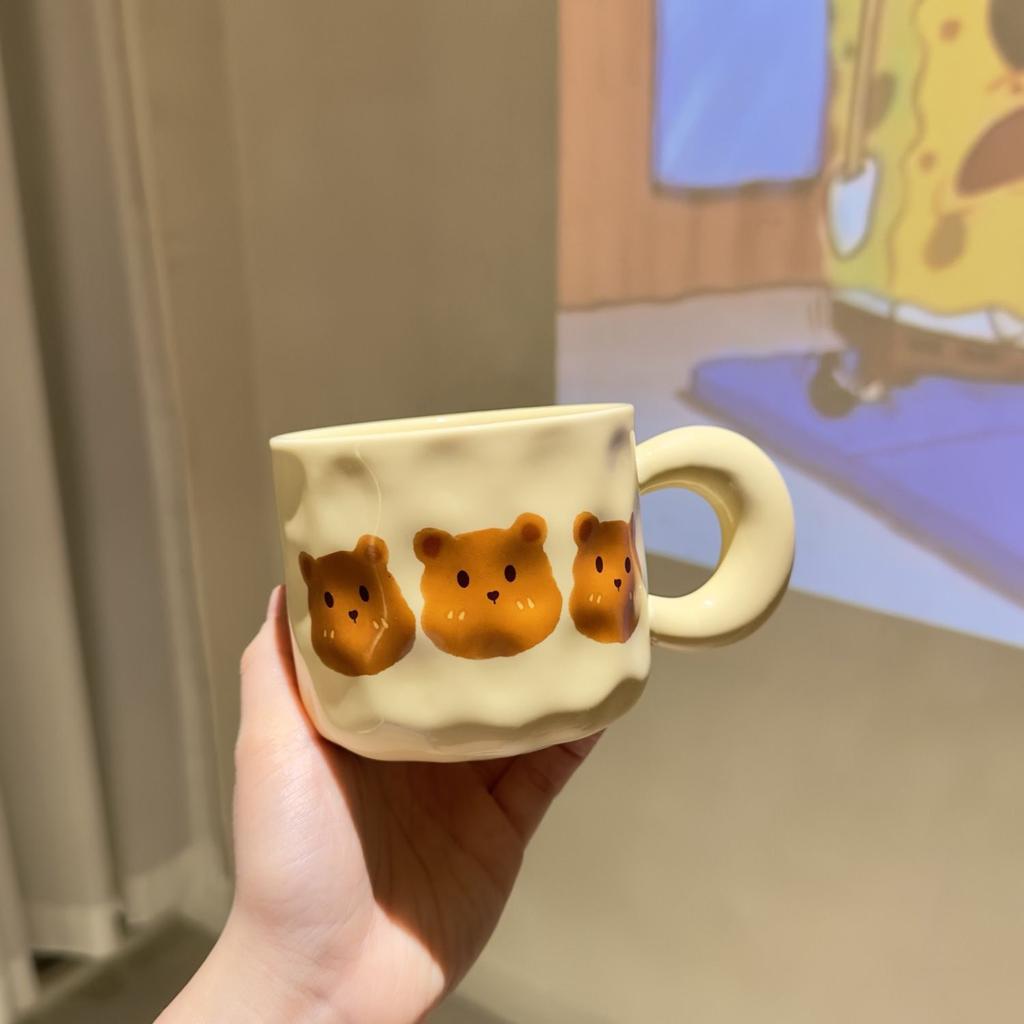 French Cream Bear Mug with Lid Spoon Cute Office Drinking Cup Home Couple Breakfast Cup