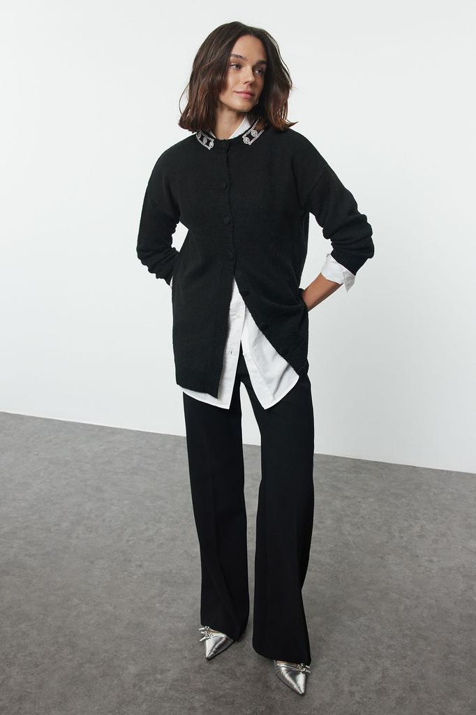 Women's Fashionable Stylish Hijab Cardigan Black Accessory Detailed Knitwear Cardigan