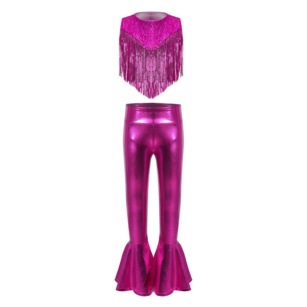 Girls Disco Outfit Metallic Sequins Sleeveless Round Neck Top Tassels Decoration High Waist Bell Bottom Pants