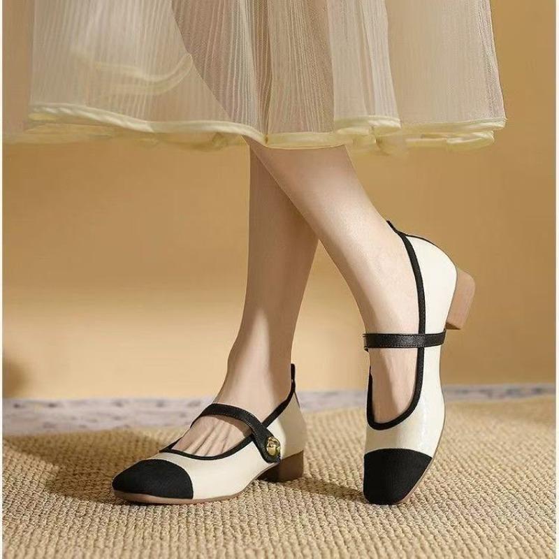 Autumn square head Mary Jane shoes soft leather commuter shoes women's thick heel soft sole comfortable gentle wind shoes