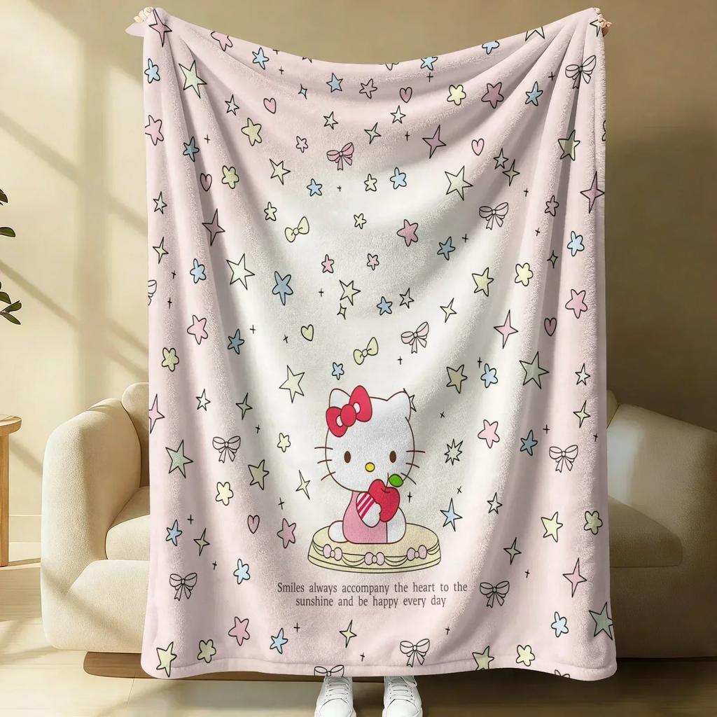 Sanrio Hello Kitty Plush Flannel Blanket Lightweight Throw Pink Gingham Apple Blanket Bed Sofa Cover School Office Nap Shawl