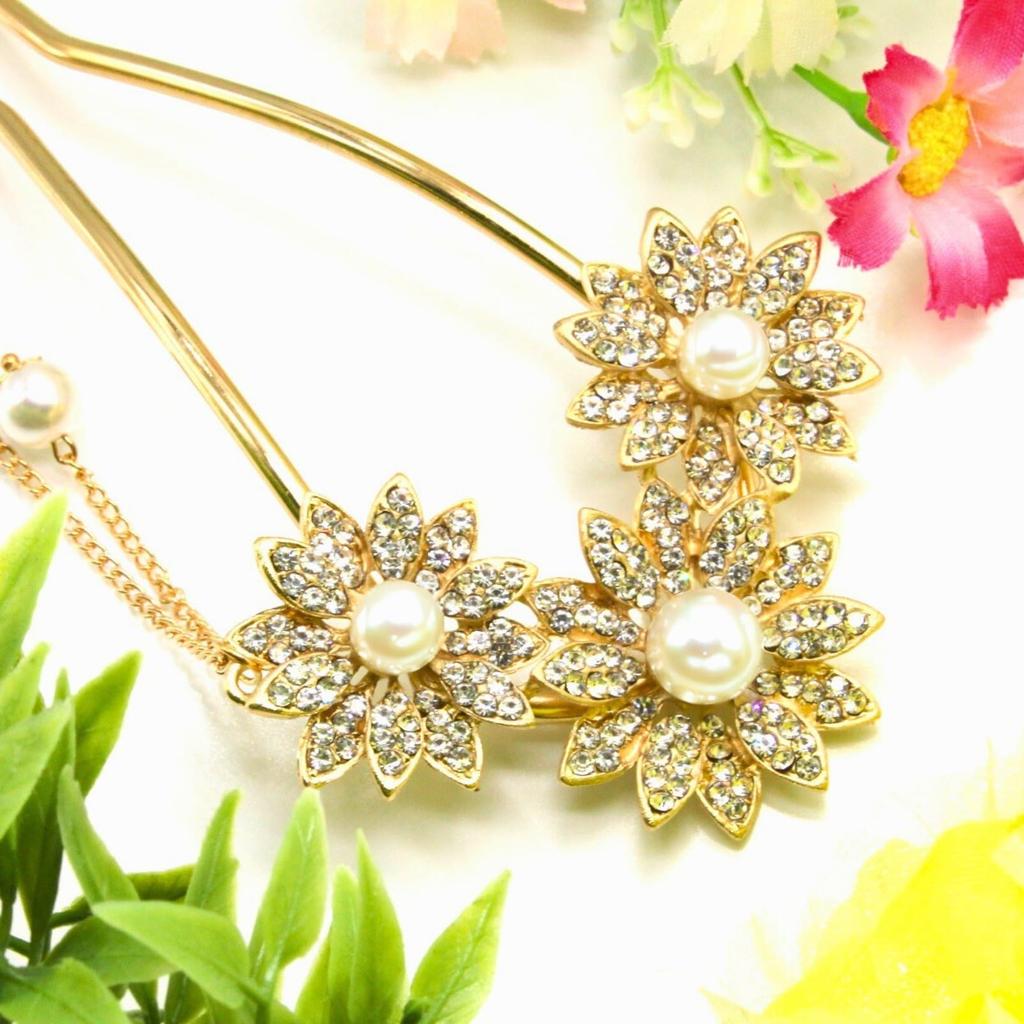 Miaomyao Kanzashi Hair Antique Flower Hair Hair Accessory for and Japanese Clothing Ornament, U-Shaped, Pearl, Comb, Kimono, Yukata, (Gold)