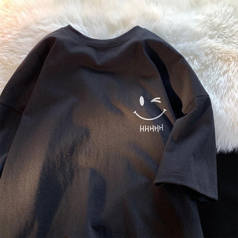 Мужская Женская Футболка с Улыбающимся Лицом, Забавная Модная Парная, с Коротким Рукавом, Американская Базовая Простая, Оверсайз, Свободная, Пуловер для Мальчиков