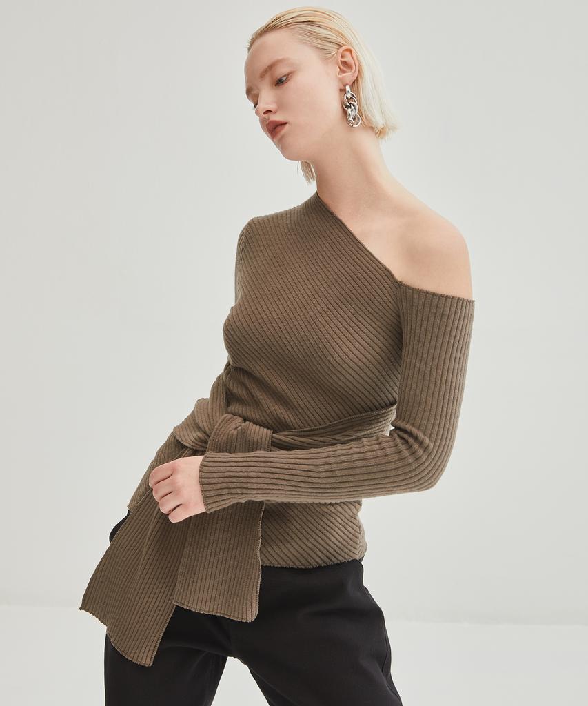 ONNE Tied Waist One Shoulder Top - Khaki Brown